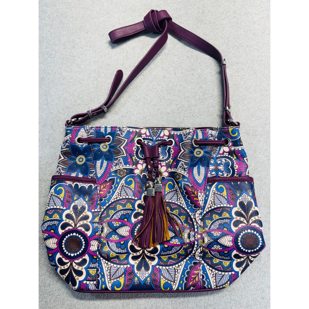 Charming Charlie Boho Floral Mandala Shoulder Bag‎ Purple Blue Tassel Tote Purse
